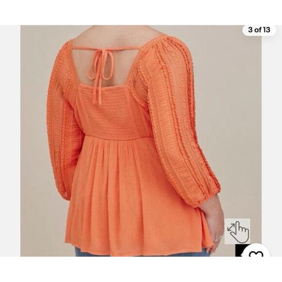 Torrid Orange Swiss Dot Lace Detail 3/4 Sleeve Tunic Blouse Size 1 - Picture 2 of 11